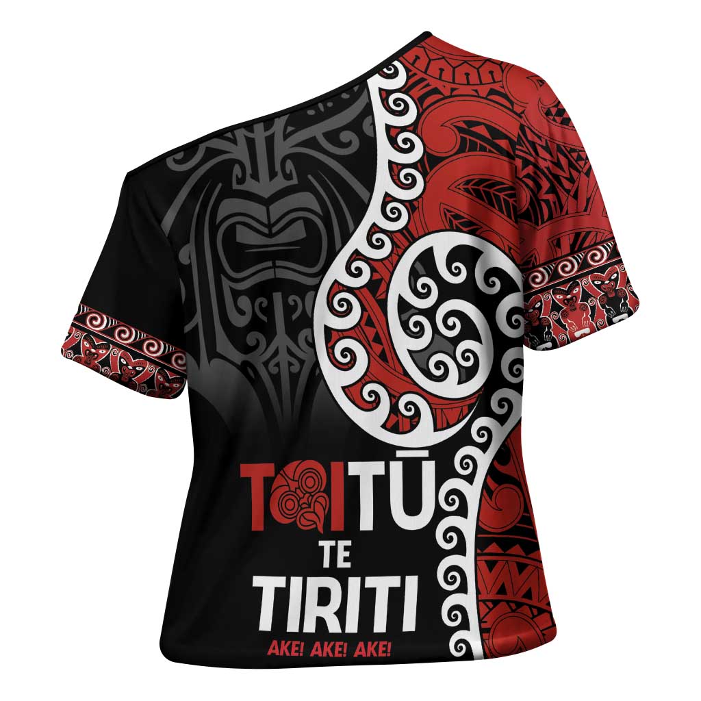 Honour The Treaty New Zealand Cross Shoulder Shirt Toitu Te Tiriti Ake Ake Ake - Polynesian Pride