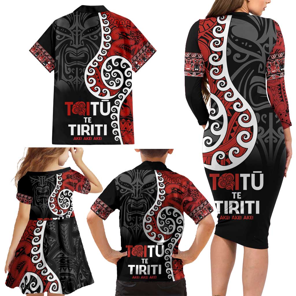 Honour The Treaty New Zealand Family Matching Long Sleeve Bodycon Dress and Hawaiian Shirt Toitu Te Tiriti Ake!Ake!Ake! LT9 - Polynesian Pride