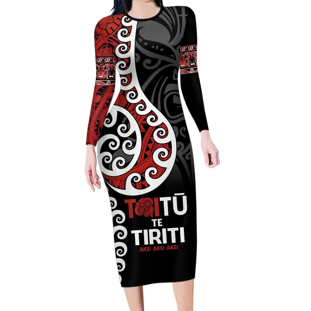 Honour The Treaty New Zealand Family Matching Long Sleeve Bodycon Dress and Hawaiian Shirt Toitu Te Tiriti Ake!Ake!Ake! LT9 Mom's Dress Black - Polynesian Pride