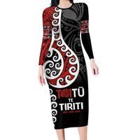 Honour The Treaty New Zealand Family Matching Long Sleeve Bodycon Dress and Hawaiian Shirt Toitu Te Tiriti Ake!Ake!Ake! LT9 Mom's Dress Black - Polynesian Pride