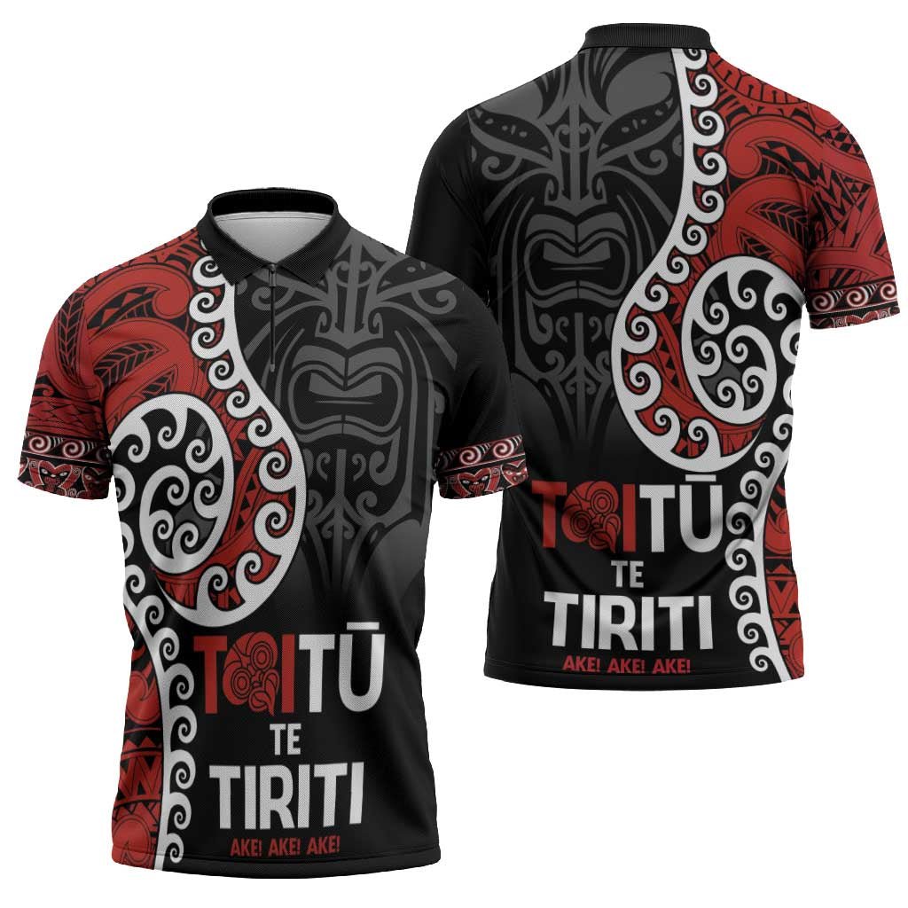 Honour The Treaty New Zealand Zipper Polo Shirt Toitu Te Tiriti Ake Ake Ake - Polynesian Pride