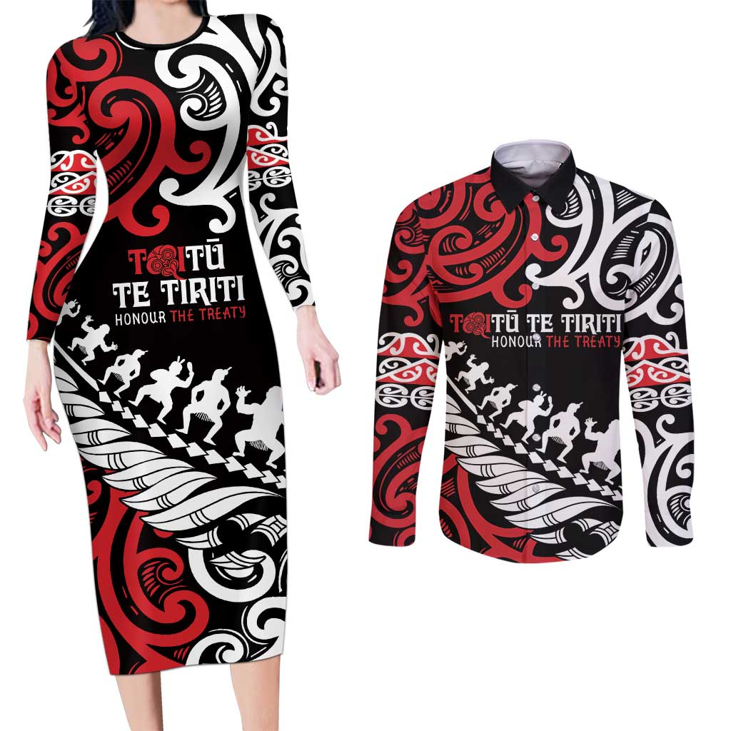 Honour The Treaty New Zealand Personalised Couples Matching Long Sleeve Bodycon Dress and Long Sleeve Button Shirt Toitu Te Tiriti Half Fern with Haka dance LT9 Black - Polynesian Pride
