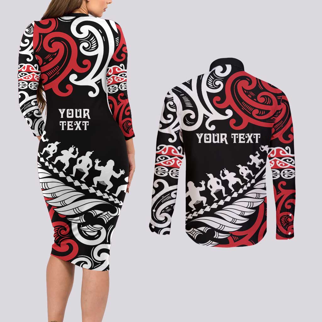 Honour The Treaty New Zealand Personalised Couples Matching Long Sleeve Bodycon Dress and Long Sleeve Button Shirt Toitu Te Tiriti Half Fern with Haka dance LT9 - Polynesian Pride