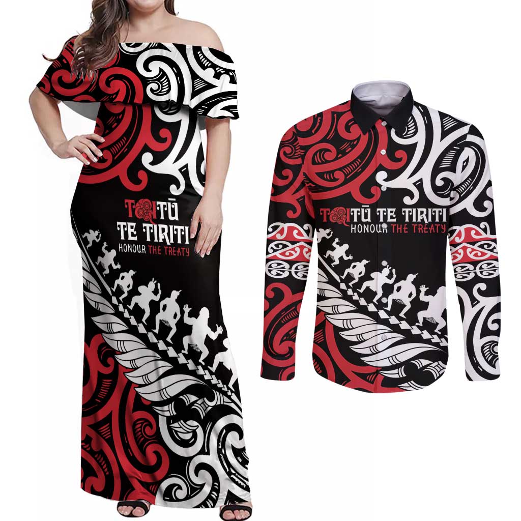 Honour The Treaty New Zealand Personalised Couples Matching Off Shoulder Maxi Dress and Long Sleeve Button Shirt Toitu Te Tiriti Half Fern with Haka dance LT9 Black - Polynesian Pride
