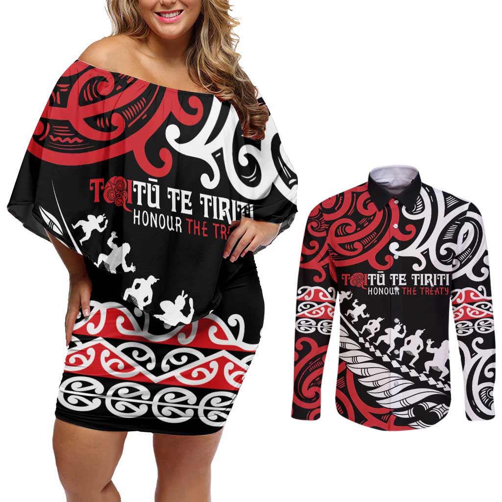 Honour The Treaty New Zealand Personalised Couples Matching Off Shoulder Short Dress and Long Sleeve Button Shirt Toitu Te Tiriti Half Fern with Haka dance LT9 Black - Polynesian Pride