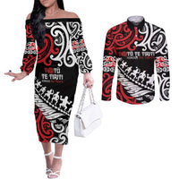Honour The Treaty New Zealand Personalised Couples Matching Off The Shoulder Long Sleeve Dress and Long Sleeve Button Shirt Toitu Te Tiriti Half Fern with Haka dance LT9 Black - Polynesian Pride