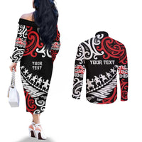 Honour The Treaty New Zealand Personalised Couples Matching Off The Shoulder Long Sleeve Dress and Long Sleeve Button Shirt Toitu Te Tiriti Half Fern with Haka dance LT9 - Polynesian Pride