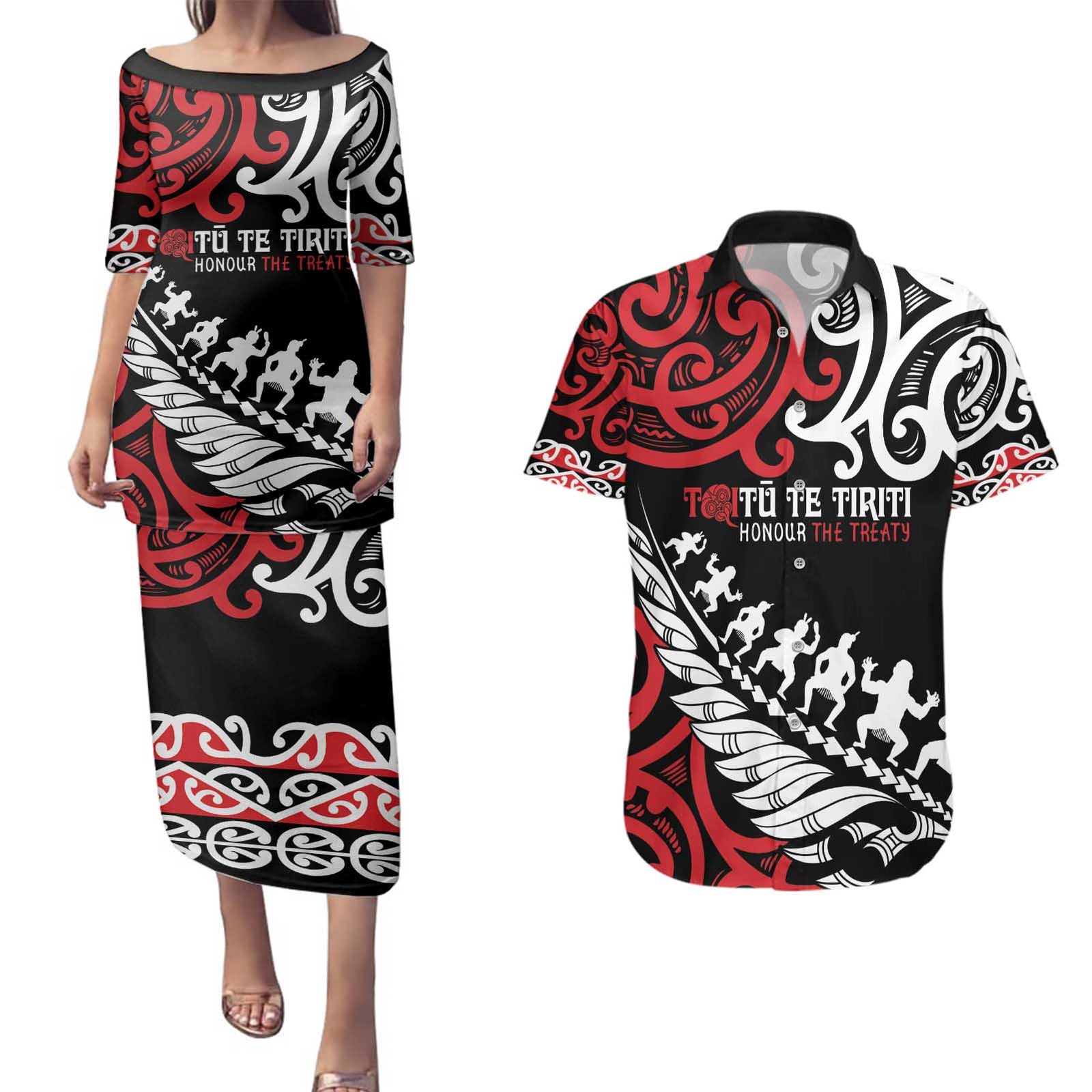 Honour The Treaty New Zealand Personalised Couples Matching Puletasi and Hawaiian Shirt Toitu Te Tiriti Half Fern with Haka dance