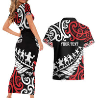 Honour The Treaty New Zealand Personalised Couples Matching Short Sleeve Bodycon Dress and Hawaiian Shirt Toitu Te Tiriti Half Fern with Haka dance