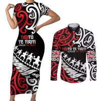 Honour The Treaty New Zealand Personalised Couples Matching Short Sleeve Bodycon Dress and Long Sleeve Button Shirt Toitu Te Tiriti Half Fern with Haka dance LT9 Black - Polynesian Pride