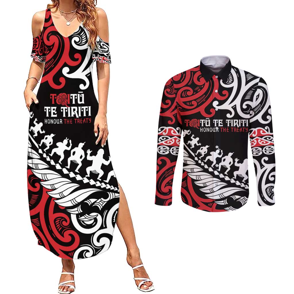 Honour The Treaty New Zealand Personalised Couples Matching Summer Maxi Dress and Long Sleeve Button Shirt Toitu Te Tiriti Half Fern with Haka dance LT9 Black - Polynesian Pride