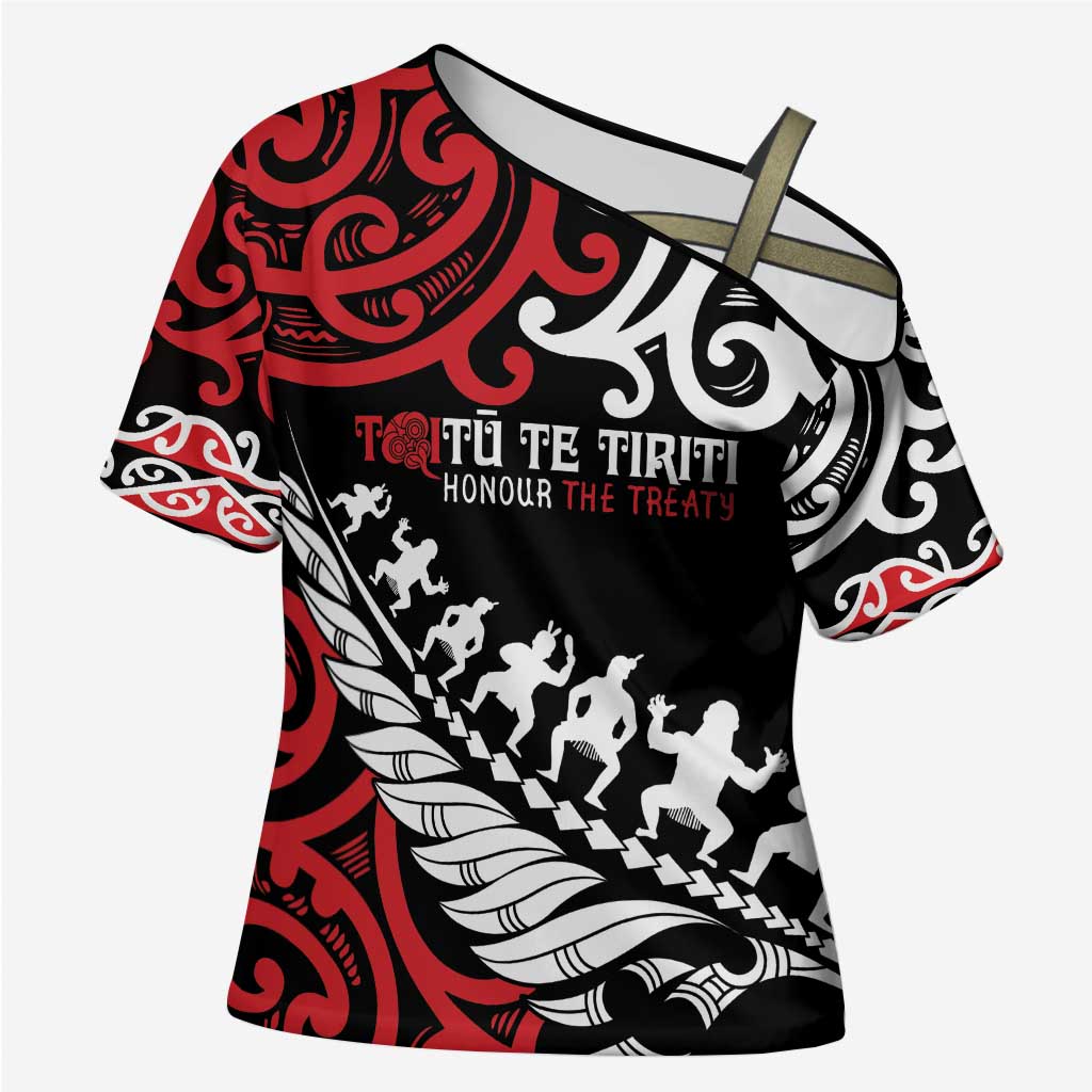 Honour The Treaty New Zealand Personalised Cross Shoulder Shirt Toitu Te Tiriti Half Fern Haka Dance - Polynesian Pride