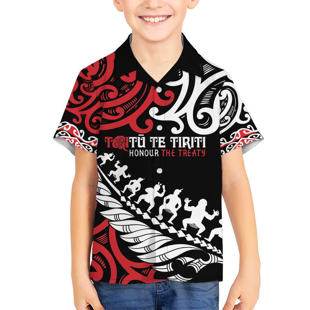 Honour The Treaty New Zealand Personalised Kid Hawaiian Shirt Toitu Te Tiriti Half Fern with Haka dance LT9 Kid Black - Polynesian Pride