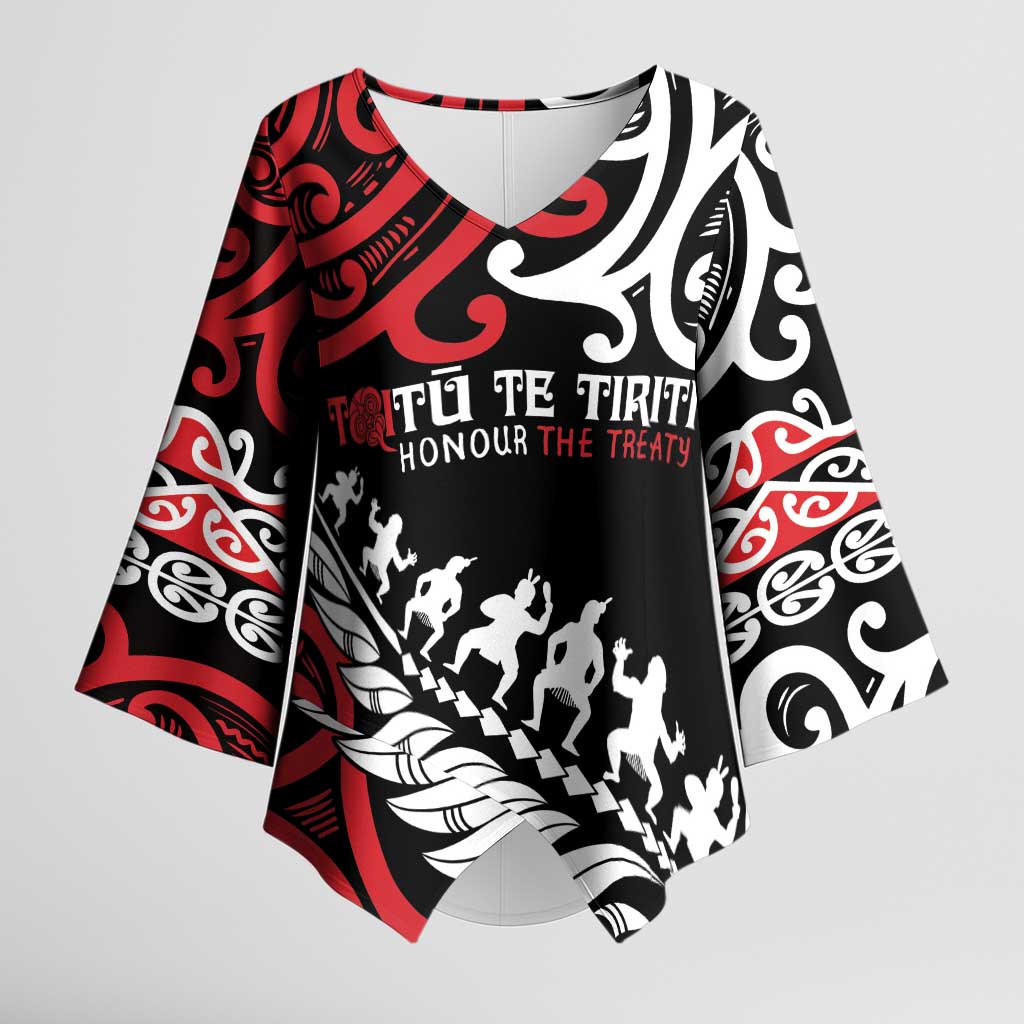 Honour The Treaty New Zealand Personalised Kimono Sleeve Blouse Toitu Te Tiriti Half Fern Haka Dance - Polynesian Pride