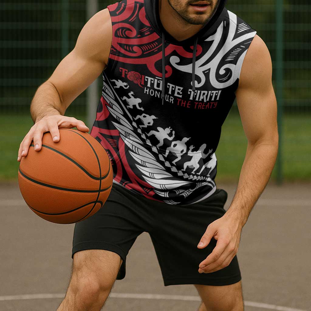 Honour The Treaty New Zealand Personalised Sleeveless Hoodie Toitu Te Tiriti Half Fern Haka Dance - Polynesian Pride