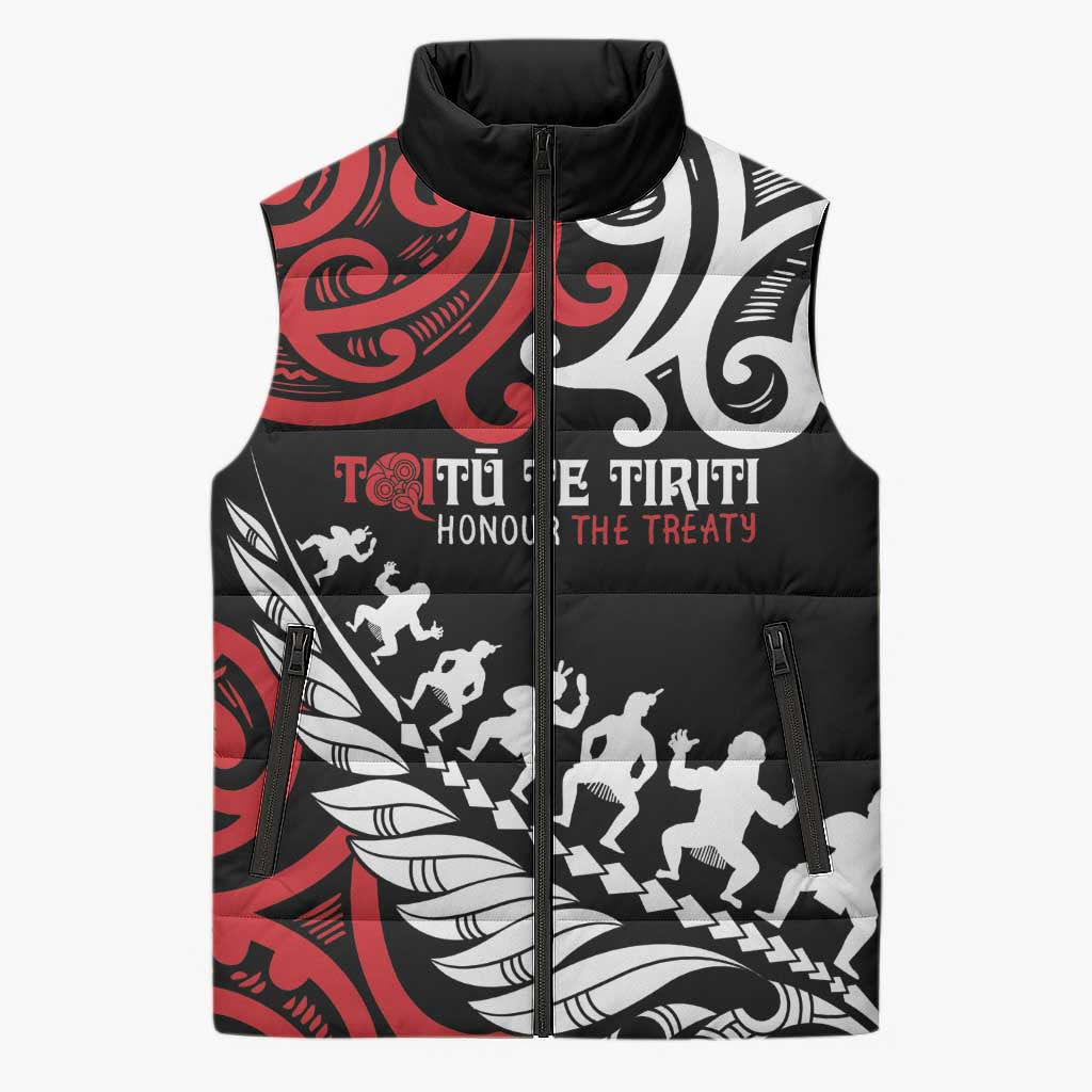 Honour The Treaty New Zealand Personalised Sleeveless Puffer Jacket Toitu Te Tiriti Half Fern Haka Dance - Polynesian Pride