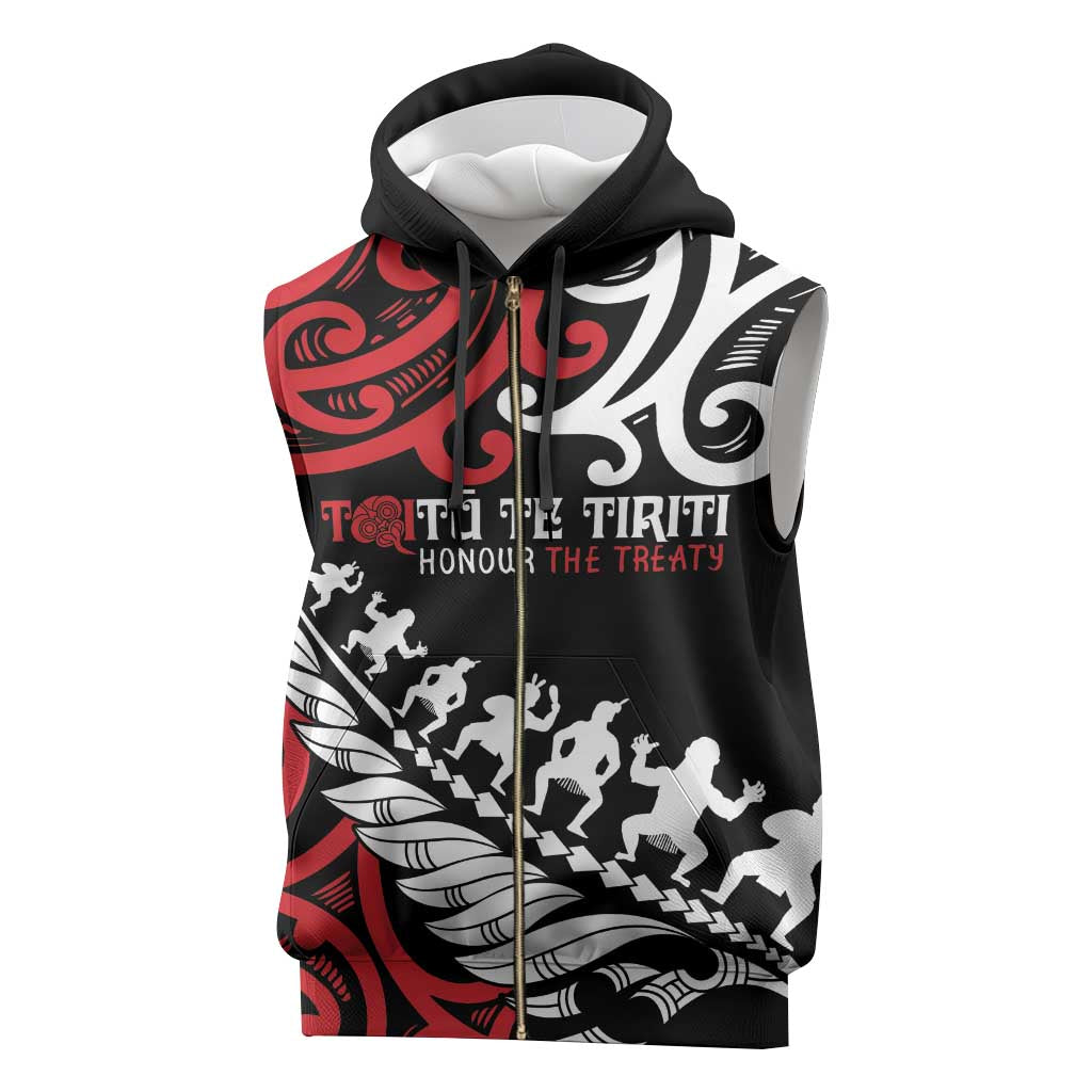 Honour The Treaty New Zealand Personalised Sleeveless Zip Hoodie Toitu Te Tiriti Half Fern Haka Dance - Polynesian Pride