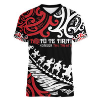 Honour The Treaty New Zealand Personalised Women V-Neck T-Shirt Toitu Te Tiriti Half Fern with Haka dance LT9 Female Black - Polynesian Pride