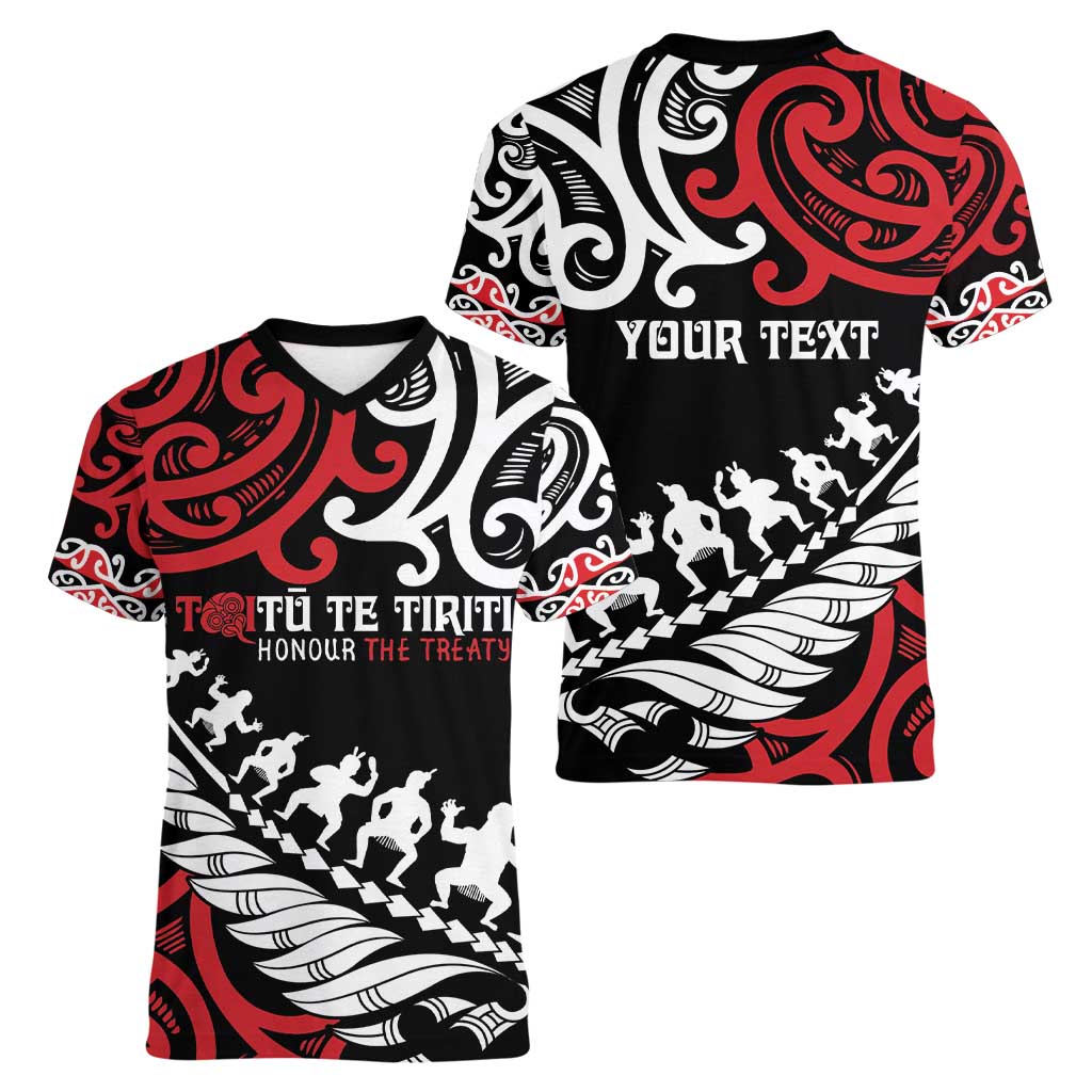 Honour The Treaty New Zealand Personalised Women V-Neck T-Shirt Toitu Te Tiriti Half Fern with Haka dance LT9 - Polynesian Pride