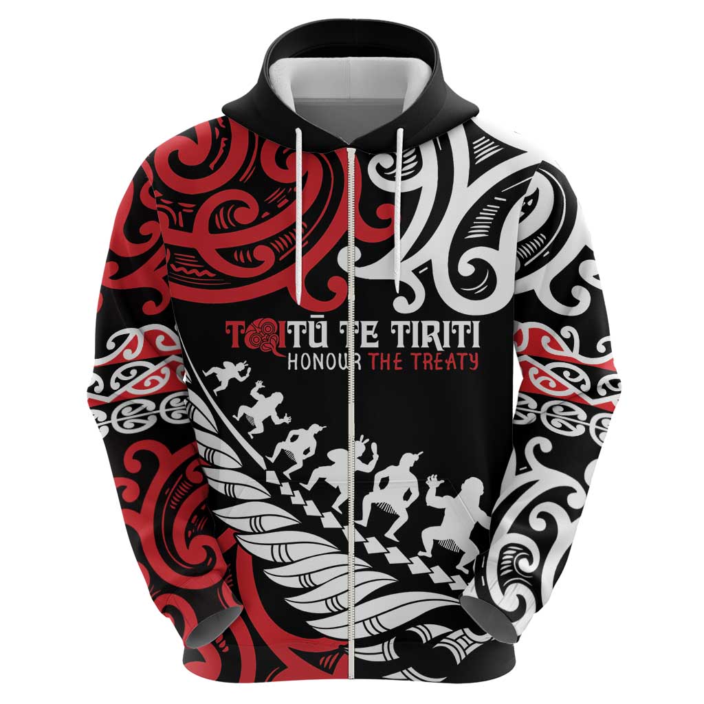 Honour The Treaty New Zealand Personalised Zip Hoodie Toitu Te Tiriti Half Fern with Haka dance