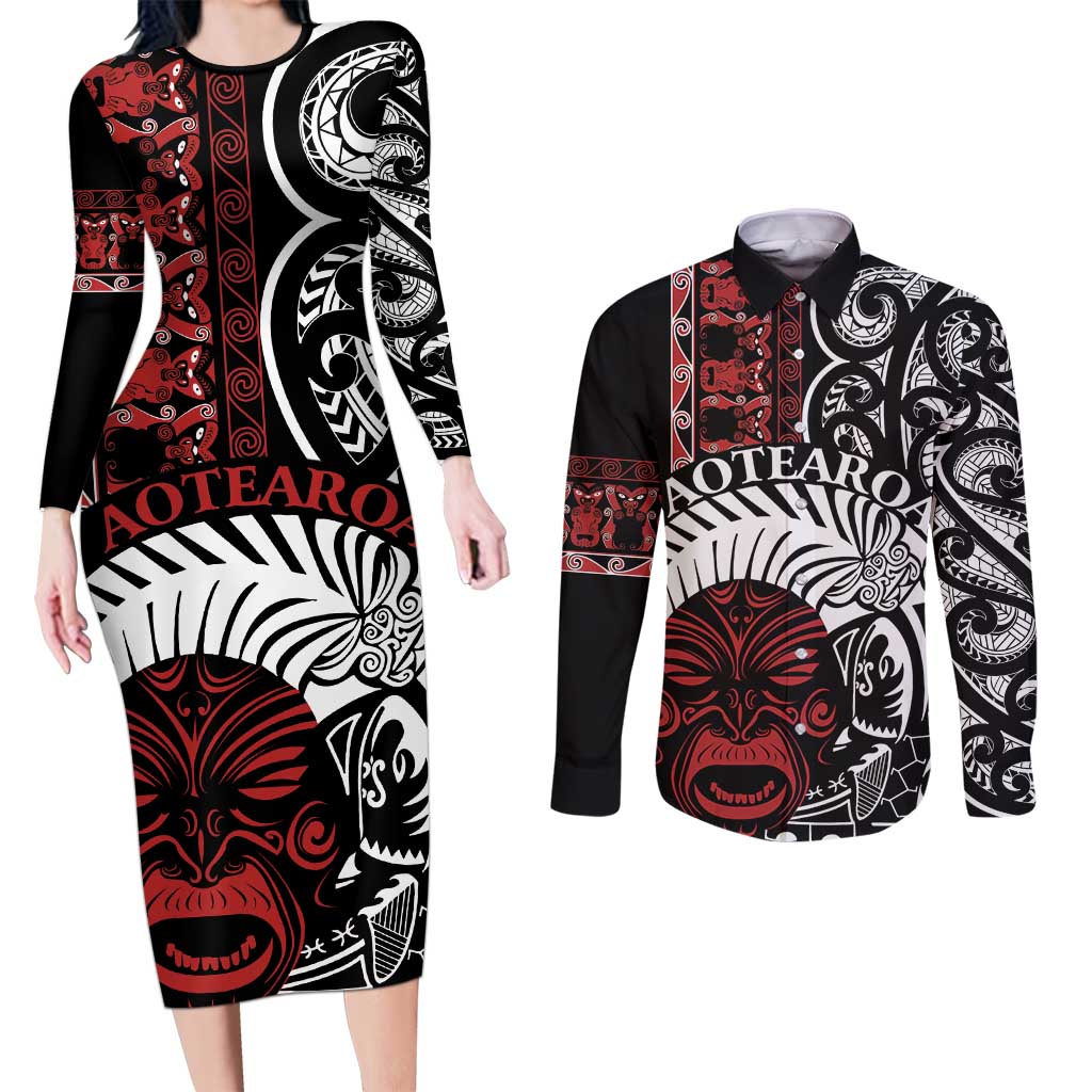 Honour The Treaty New Zealand Personalised Couples Matching Long Sleeve Bodycon Dress and Long Sleeve Button Shirt Toitu Te Tiriti Indigenous Maori Face LT9 Black - Polynesian Pride