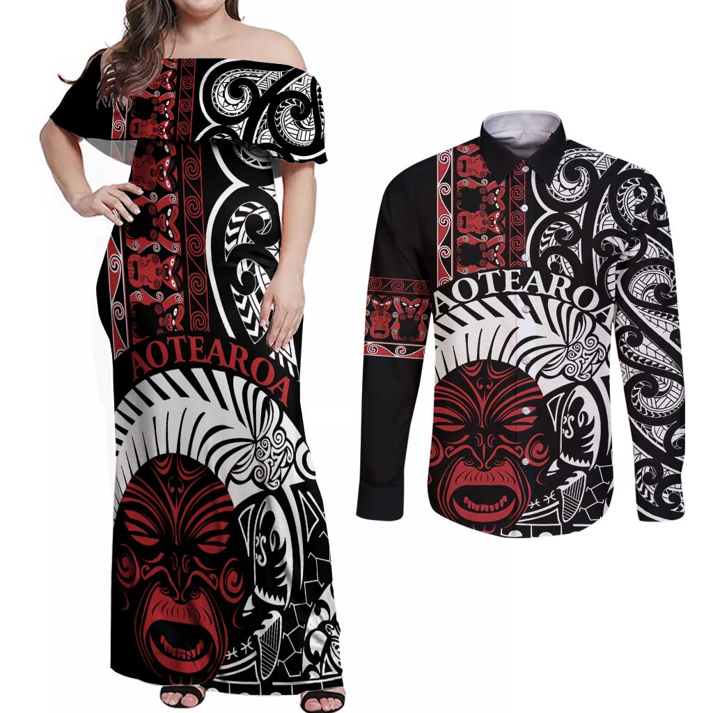 Honour The Treaty New Zealand Personalised Couples Matching Off Shoulder Maxi Dress and Long Sleeve Button Shirt Toitu Te Tiriti Indigenous Maori Face LT9 Black - Polynesian Pride