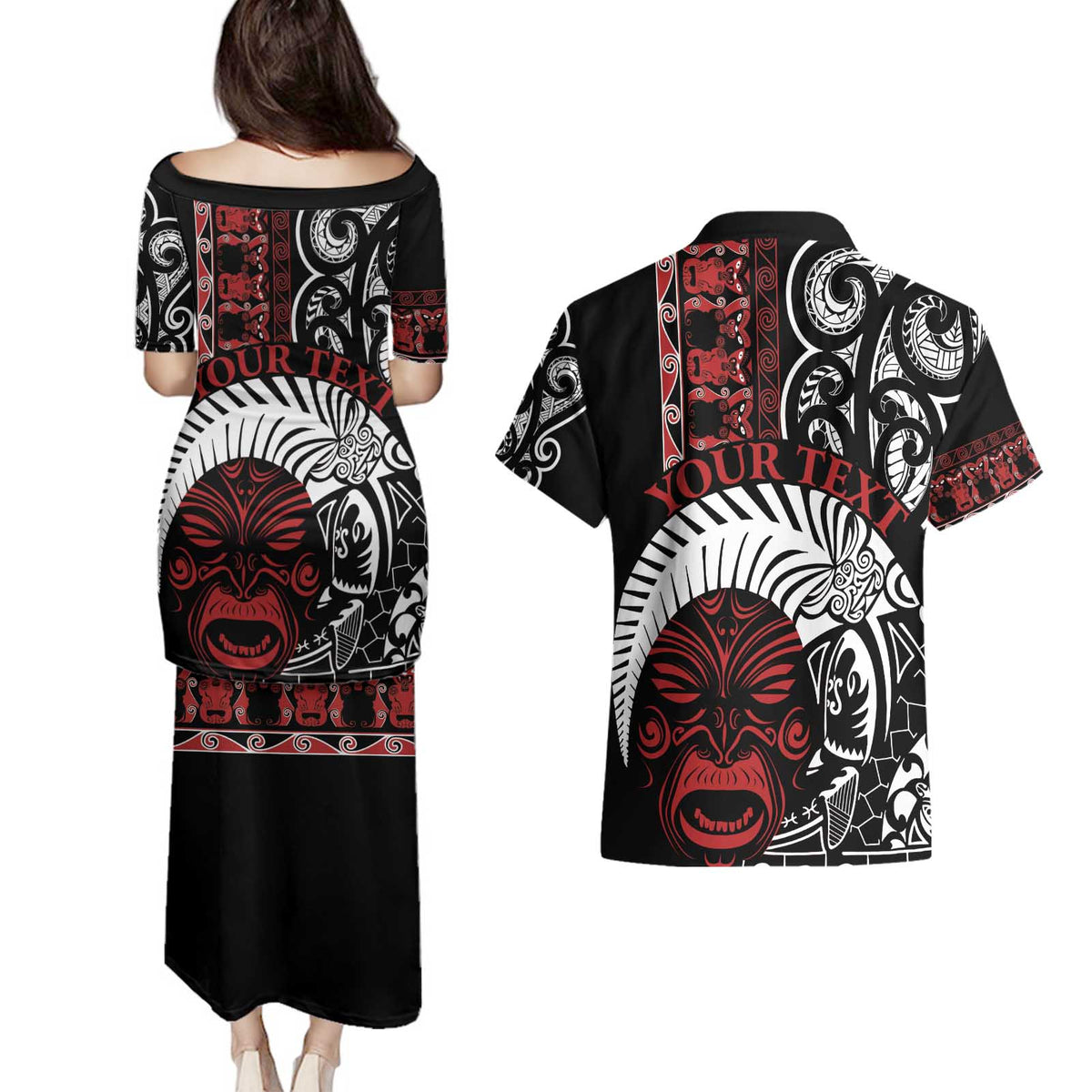 Honour The Treaty New Zealand Personalised Couples Matching Puletasi and Hawaiian Shirt Toitu Te Tiriti Indigenous Maori Face