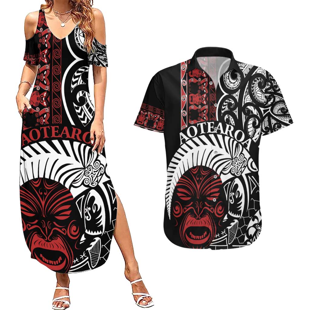 Honour The Treaty New Zealand Personalised Couples Matching Summer Maxi Dress and Hawaiian Shirt Toitu Te Tiriti Indigenous Maori Face