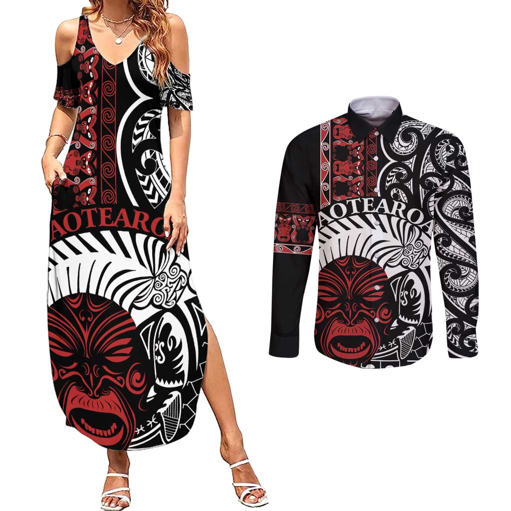 Honour The Treaty New Zealand Personalised Couples Matching Summer Maxi Dress and Long Sleeve Button Shirt Toitu Te Tiriti Indigenous Maori Face LT9 Black - Polynesian Pride
