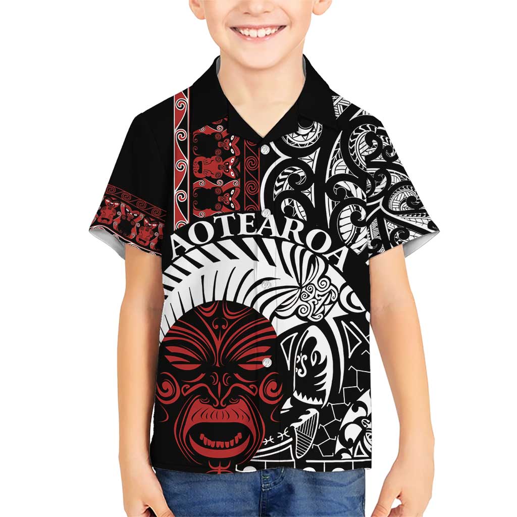 Honour The Treaty New Zealand Personalised Kid Hawaiian Shirt Toitu Te Tiriti Indigenous Maori Face LT9 Kid Black - Polynesian Pride