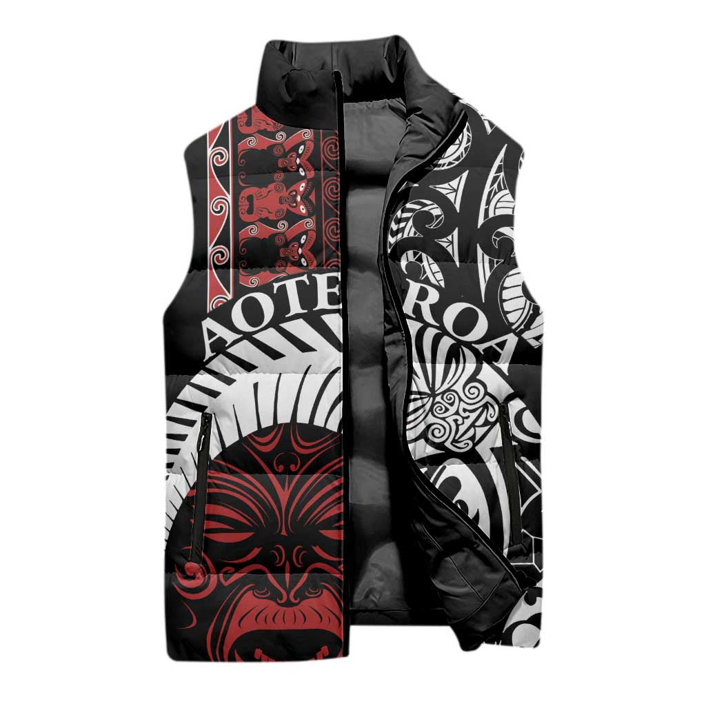 Honour The Treaty New Zealand Personalised Sleeveless Puffer Jacket Toitu Te Tiriti Indigenous Maori Face - Polynesian Pride