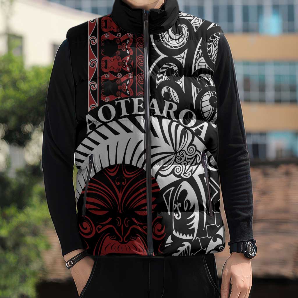 Honour The Treaty New Zealand Personalised Sleeveless Puffer Jacket Toitu Te Tiriti Indigenous Maori Face - Polynesian Pride