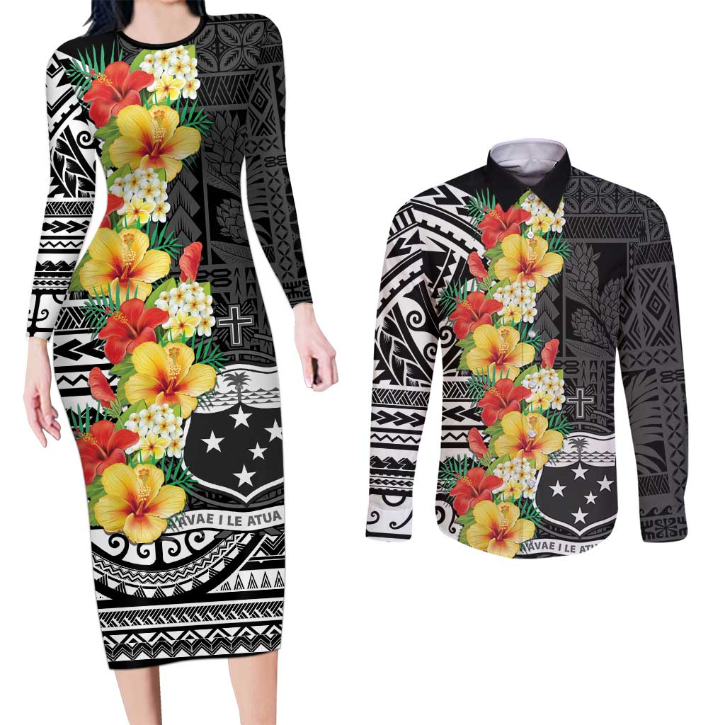 Samoa Tribal Hibiscus Flowers Couples Matching Long Sleeve Bodycon Dress and Long Sleeve Button Shirt