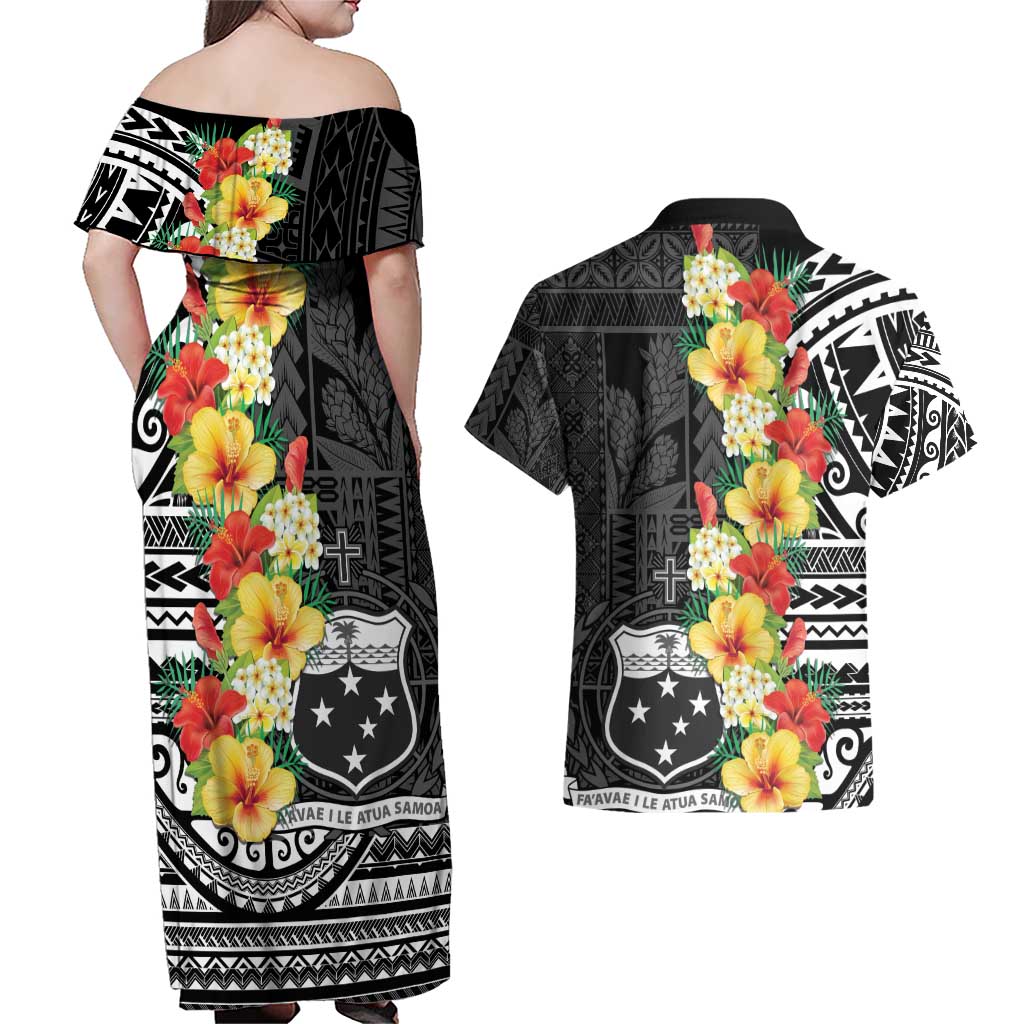 Samoa Tribal Hibiscus Flowers Couples Matching Off Shoulder Maxi Dress and Hawaiian Shirt
