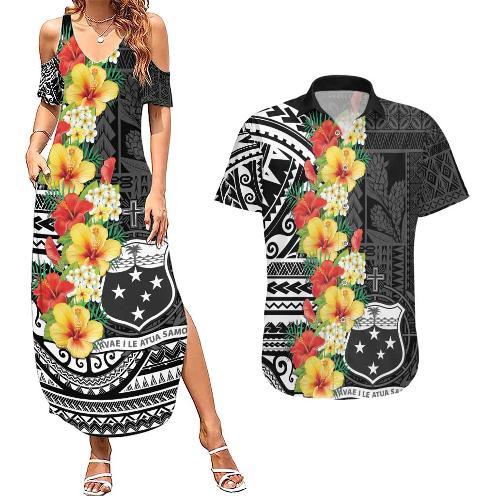 Samoa Tribal Hibiscus Flowers Couples Matching Summer Maxi Dress and Hawaiian Shirt