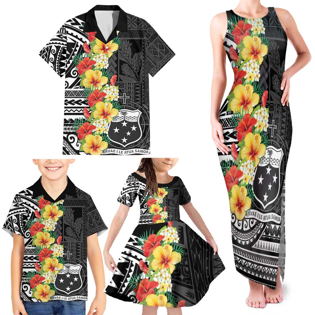 Samoa Tribal Hibiscus Flowers Family Matching Tank Maxi Dress and Hawaiian Shirt
