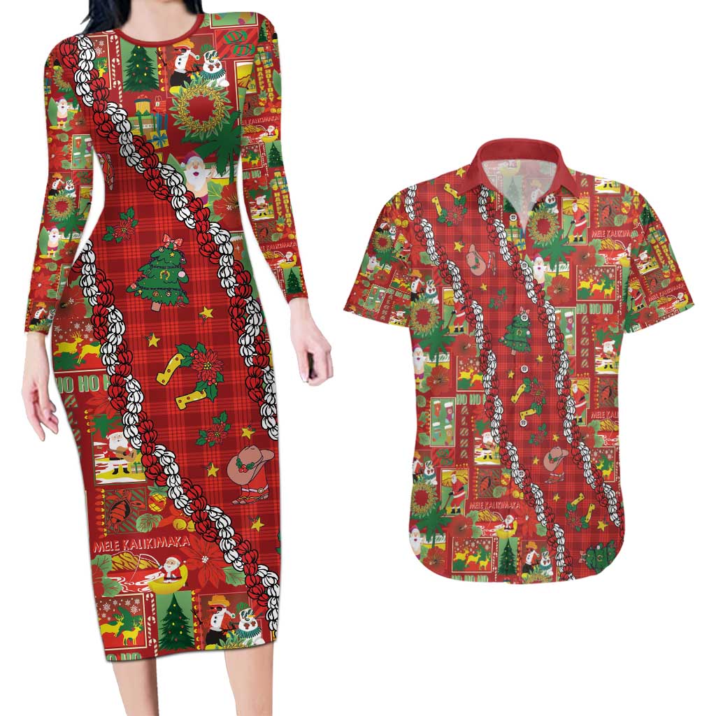 Mele Kalikimaka Pakalana Pikake Lei Couples Matching Long Sleeve Bodycon Dress and Hawaiian Shirt Hawaiian Rodeo Paniolo Omaomao Palaka - Polynesian Pride