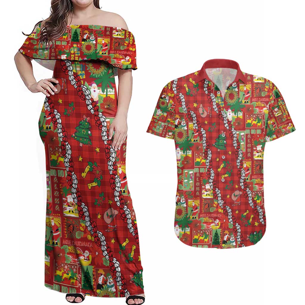 Mele Kalikimaka Pakalana Pikake Lei Couples Matching Off Shoulder Maxi Dress and Hawaiian Shirt Hawaiian Rodeo Paniolo Omaomao Palaka - Polynesian Pride