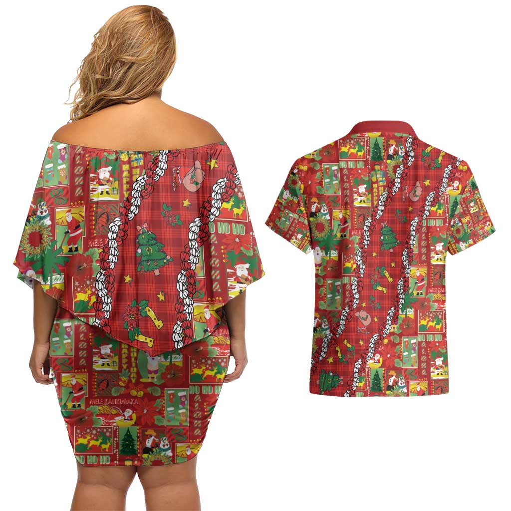 Mele Kalikimaka Pakalana Pikake Lei Couples Matching Off Shoulder Short Dress and Hawaiian Shirt Hawaiian Rodeo Paniolo Omaomao Palaka - Polynesian Pride