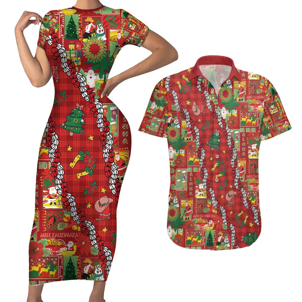 Mele Kalikimaka Pakalana Pikake Lei Couples Matching Short Sleeve Bodycon Dress and Hawaiian Shirt Hawaiian Rodeo Paniolo Omaomao Palaka - Polynesian Pride