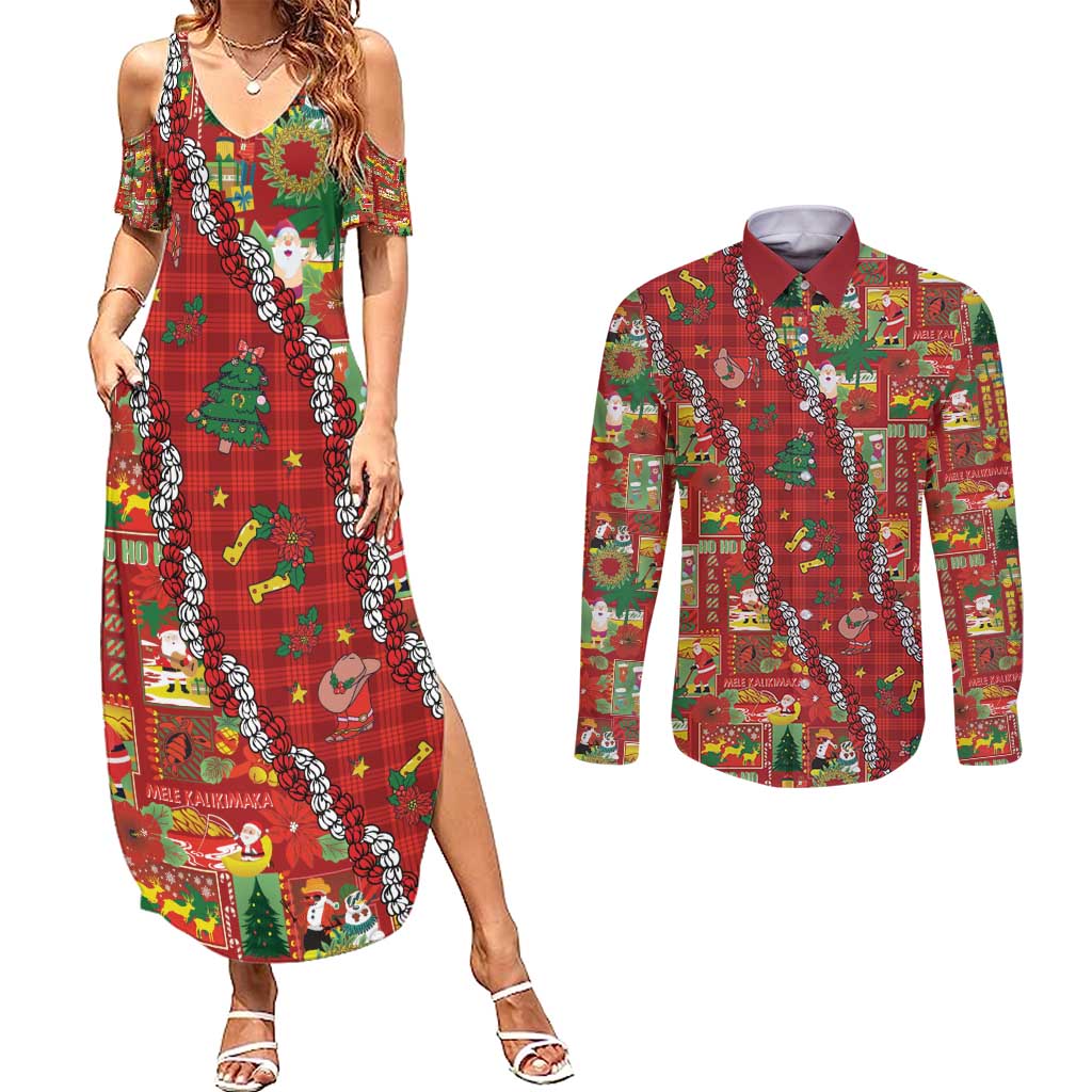 Mele Kalikimaka Pakalana Pikake Lei Couples Matching Summer Maxi Dress and Long Sleeve Button Shirt Hawaiian Rodeo Paniolo Omaomao Palaka - Polynesian Pride