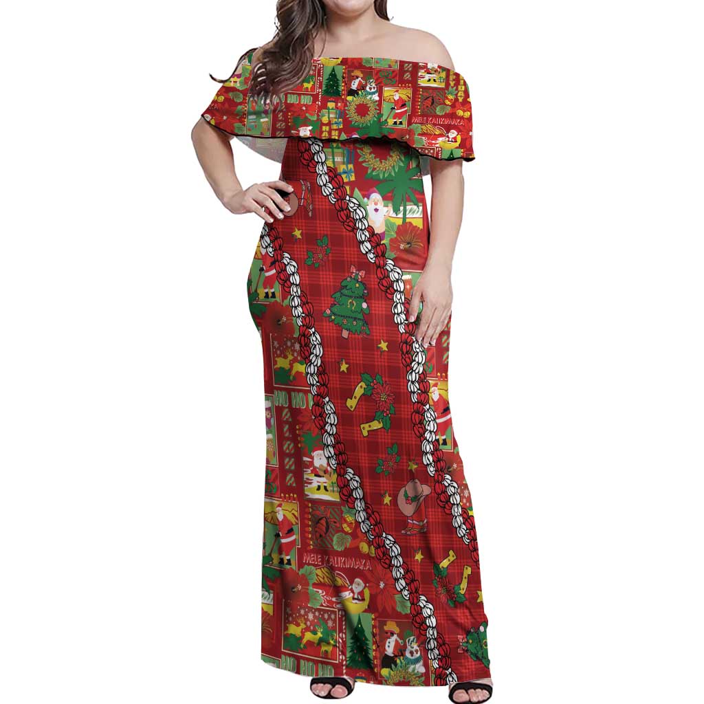 Mele Kalikimaka Pakalana Pikake Lei Off Shoulder Maxi Dress Hawaiian Rodeo Paniolo Omaomao Palaka - Polynesian Pride