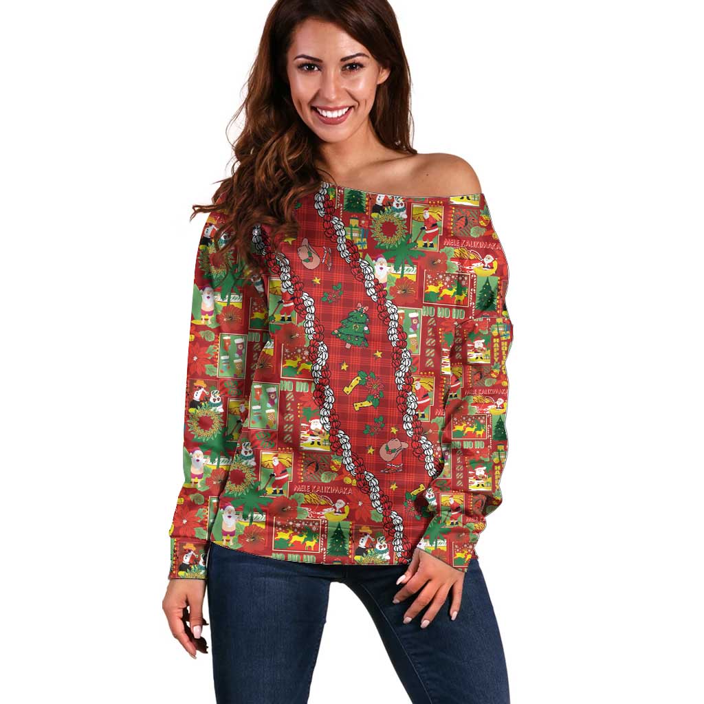 Mele Kalikimaka Pakalana Pikake Lei Off Shoulder Sweater Hawaiian Rodeo Paniolo Omaomao Palaka - Polynesian Pride