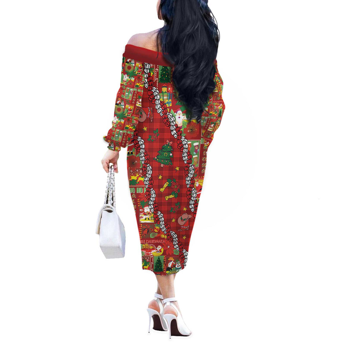 Mele Kalikimaka Pakalana Pikake Lei Off The Shoulder Long Sleeve Dress Hawaiian Rodeo Paniolo Omaomao Palaka - Polynesian Pride
