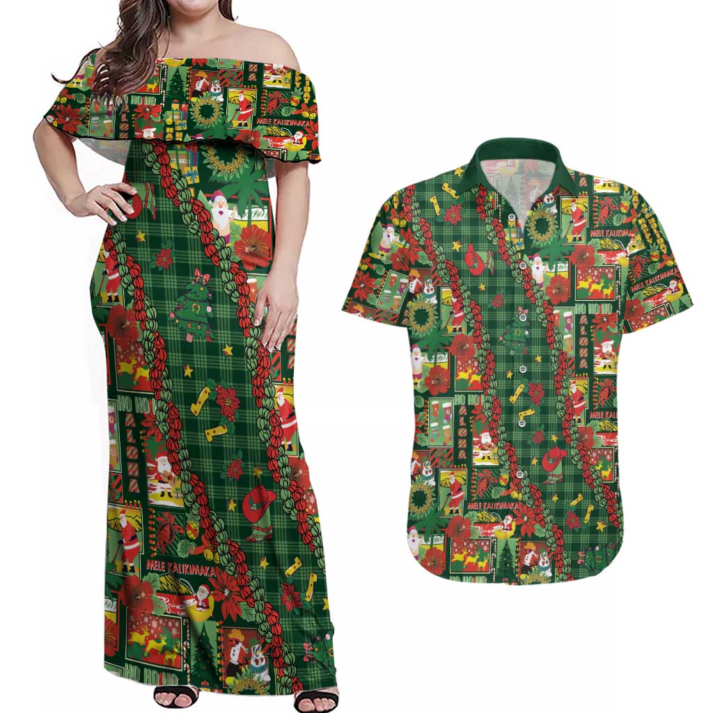 Mele Kalikimaka Pakalana Pikake Lei Couples Matching Off Shoulder Maxi Dress and Hawaiian Shirt Hawaiian Rodeo Paniolo Ulaula Palaka - Polynesian Pride