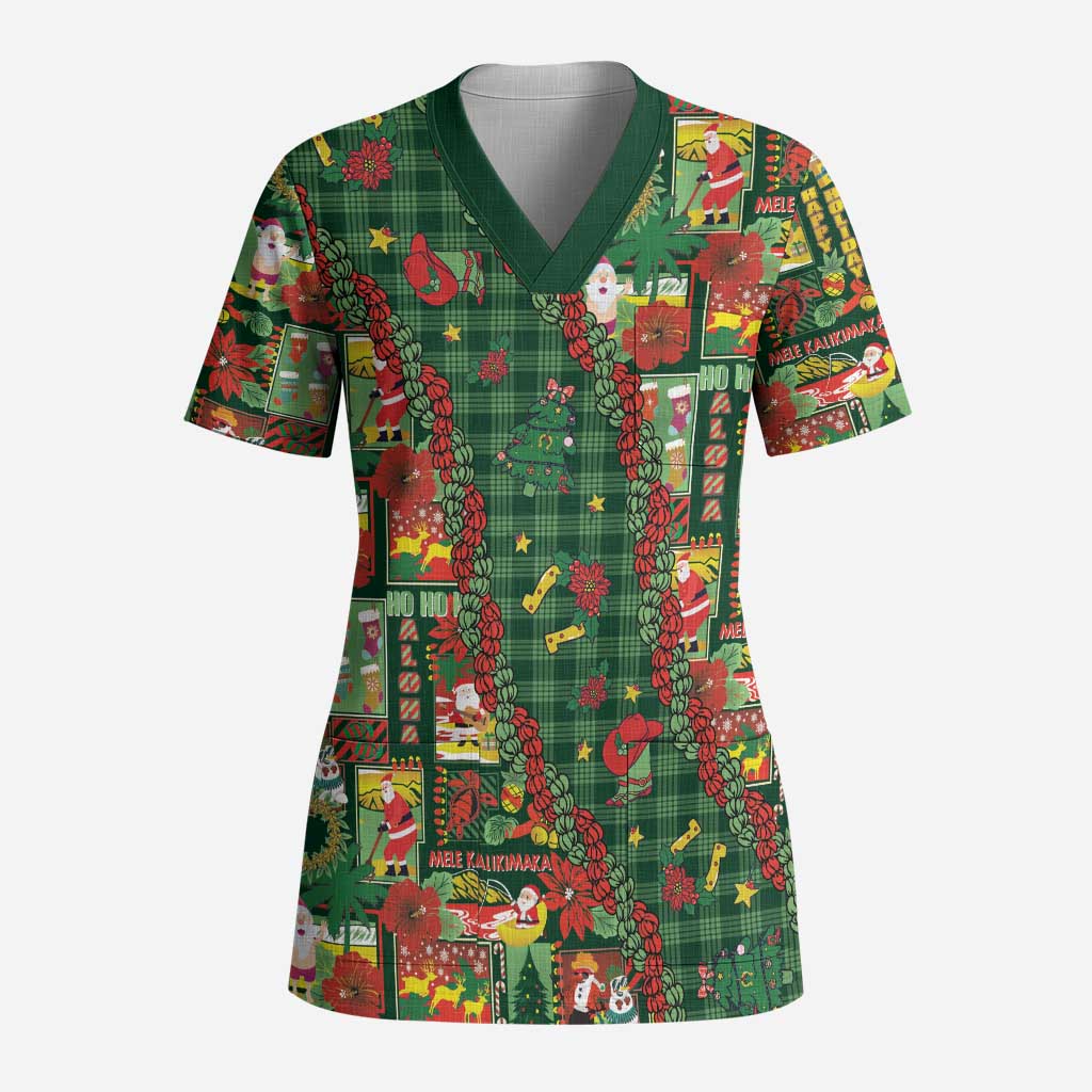 Mele Kalikimaka Pakalana Pikake Lei Scrub Top Hawaiian Rodeo Paniolo Ulaula Palaka - Polynesian Pride