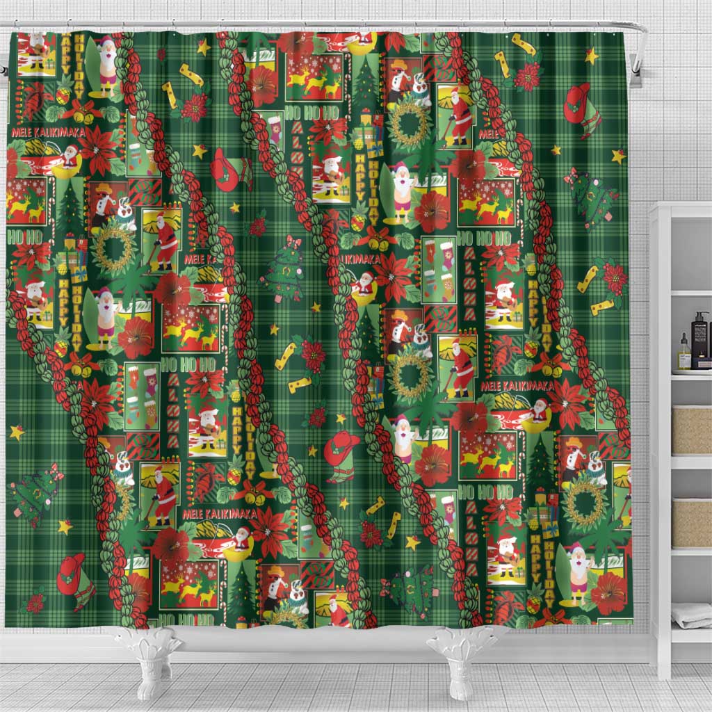 Mele Kalikimaka Pakalana Pikake Lei Shower Curtain Hawaiian Rodeo Paniolo Ulaula Palaka - Polynesian Pride