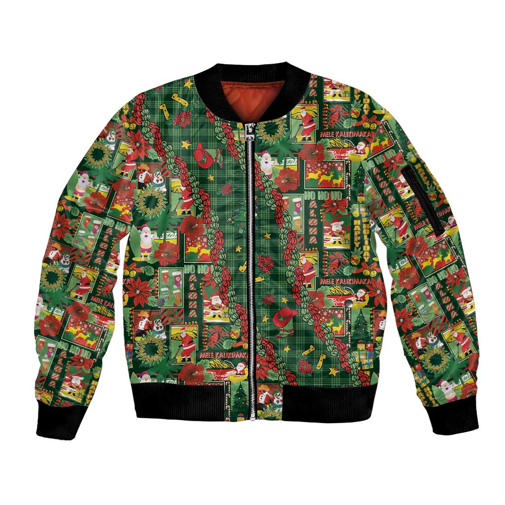 Mele Kalikimaka Pakalana Pikake Lei Sleeve Zip Bomber Jacket Hawaiian Rodeo Paniolo Ulaula Palaka - Polynesian Pride