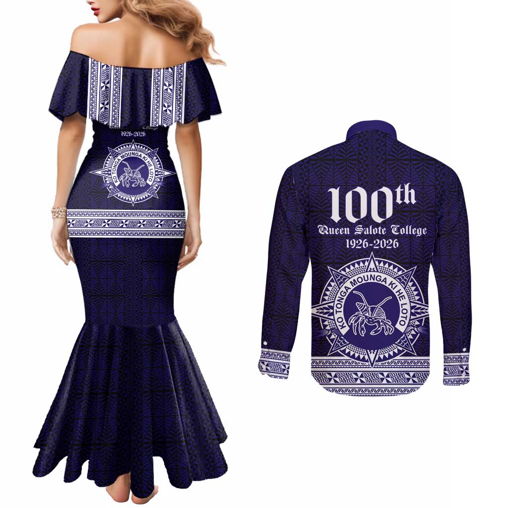 Tonga Queen Salote College 100 years Couples Matching Mermaid Dress and Long Sleeve Button Shirt QSC 1926-2026 Tongan Pattern
