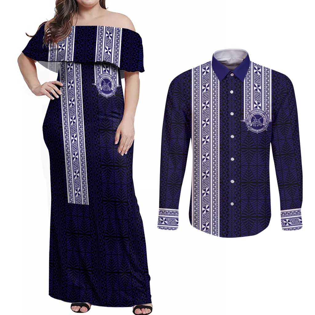 Tonga Queen Salote College 100 years Couples Matching Off Shoulder Maxi Dress and Long Sleeve Button Shirt QSC 1926-2026 Tongan Pattern